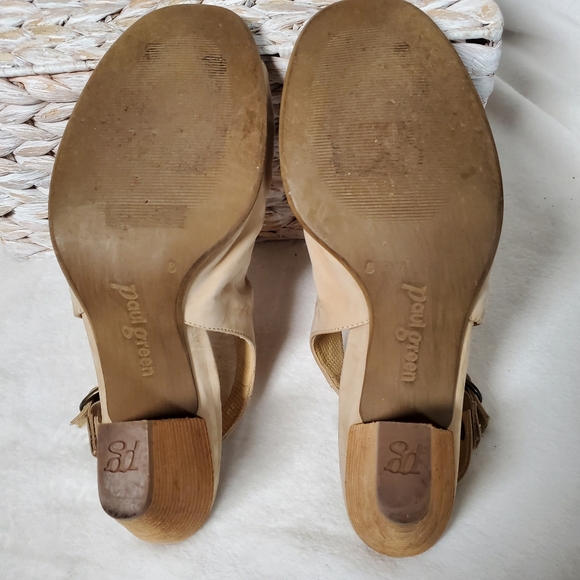 Paul Green Rival Peep Toe Scrunched Suede Sandals Size 8 Beige Block Heel Buckle - Picture 5 of 6